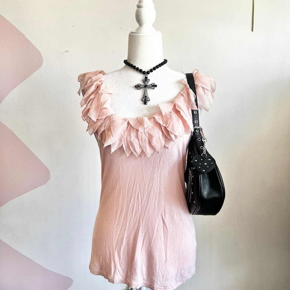 Pleione Pink 3D Flower Tank Top, Y2K Coquette Romantic Soft Girl Fairycore Large