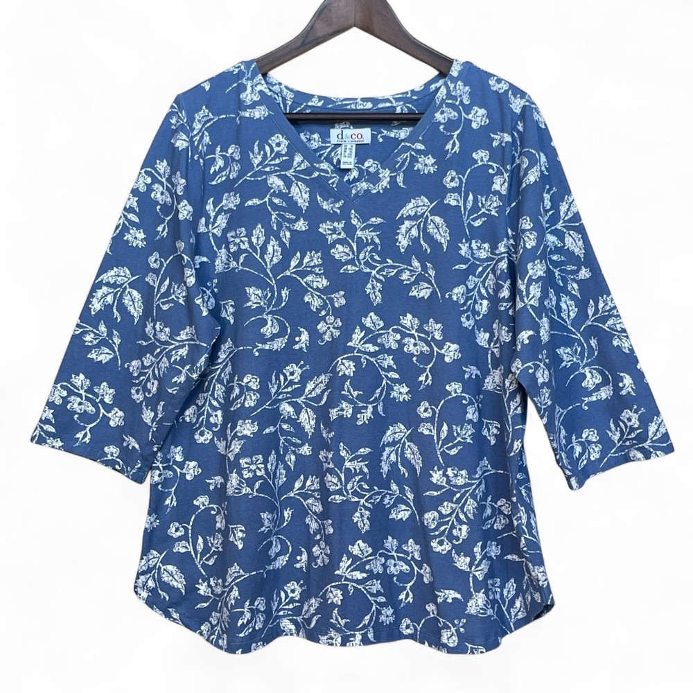 Denim & Co Blue Floral V-Neck 3/4 Sleeve Top Plus Size 1X A274350