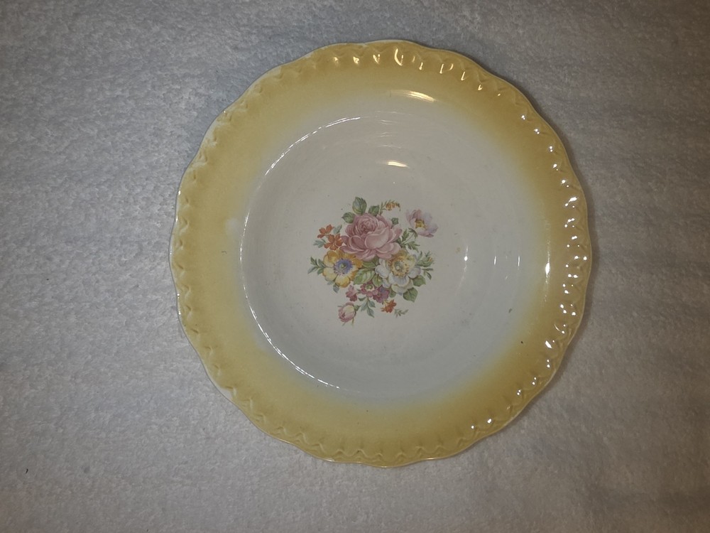 Vintage Crown Ivory Serving Bowl Floral Design Yellow Scalloped Rim