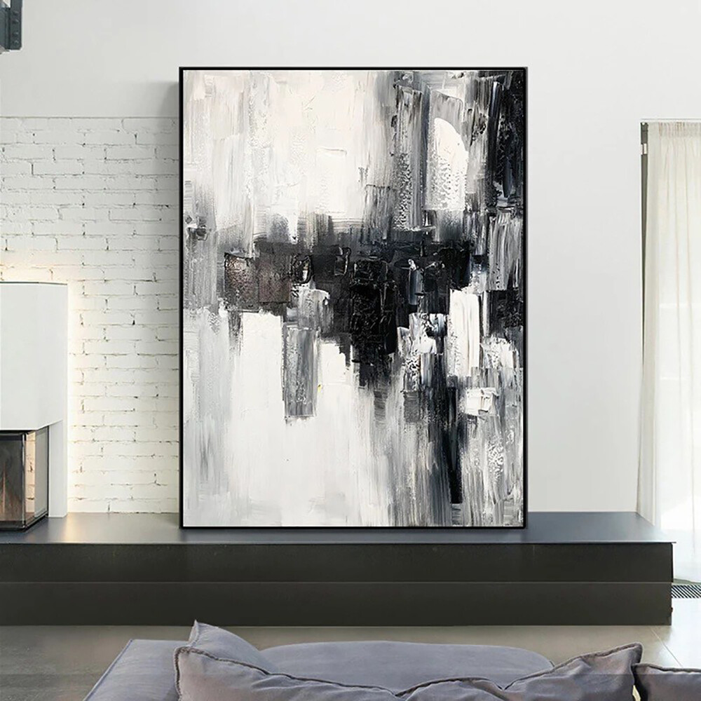 Hand Painted Abstract Wall Art Painting On Canvas Black White Picture Room