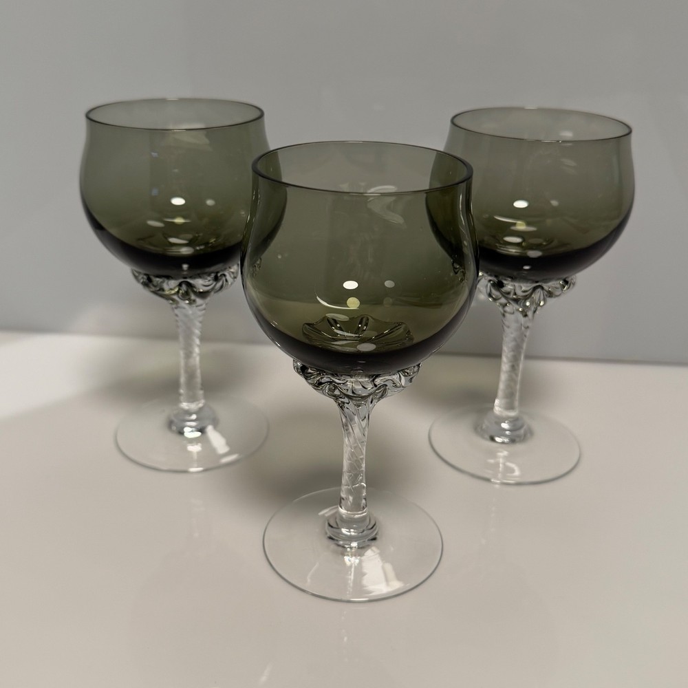 Set of 3 Sasaki Coronation Smoke Crystal Twist Stem Wine Glasses