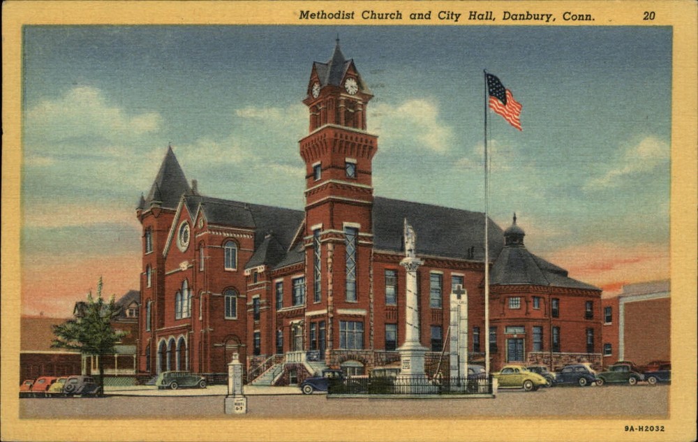Methodist Church ~ City Hall & Civil War Monument ~ Danbury Connecticut ~ 1950s