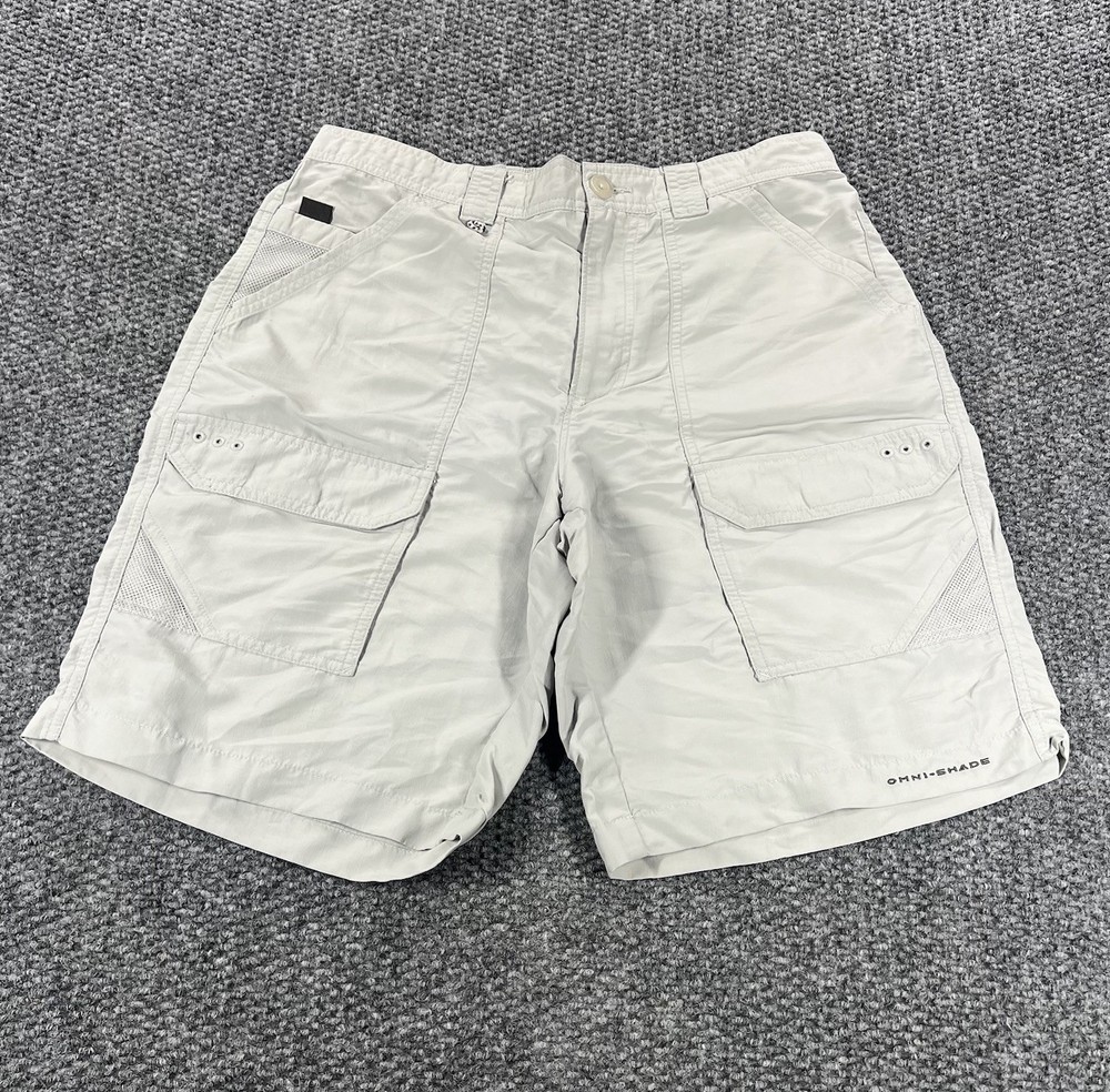 Columbia PFG Cargo Shorts Men 32 Khaki Beige Omnishade Fishing Nylon Lightweight