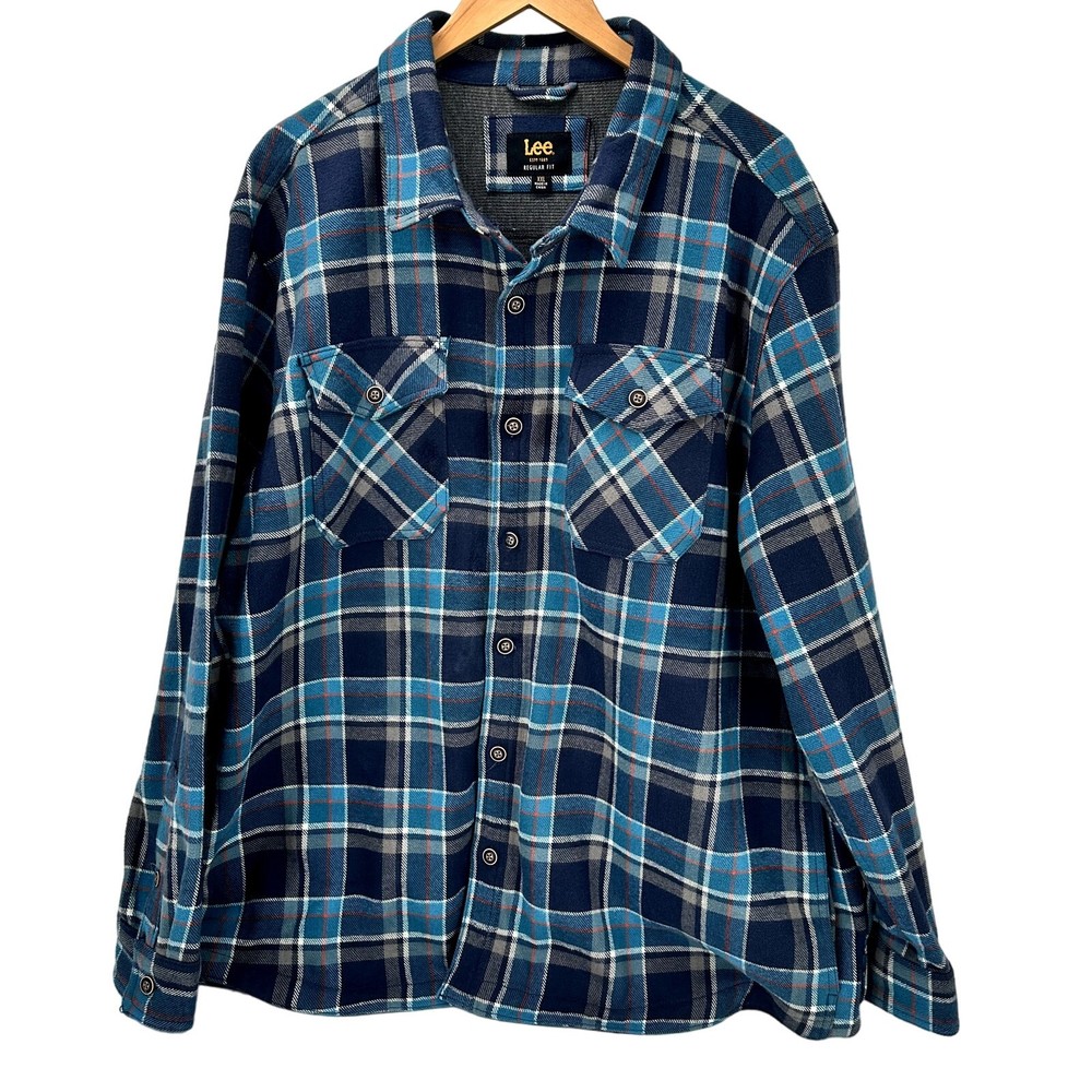 Lee Flannel Shacket Mens 2XL Blue Plaid Button Up Heavyweight Pockets Outdoor