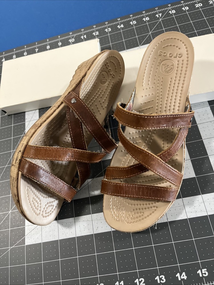 Crocs A-Leigh Womens Size 9 Brown Leather Cork Wedge Sandals Strappy Beach Walk Shoes