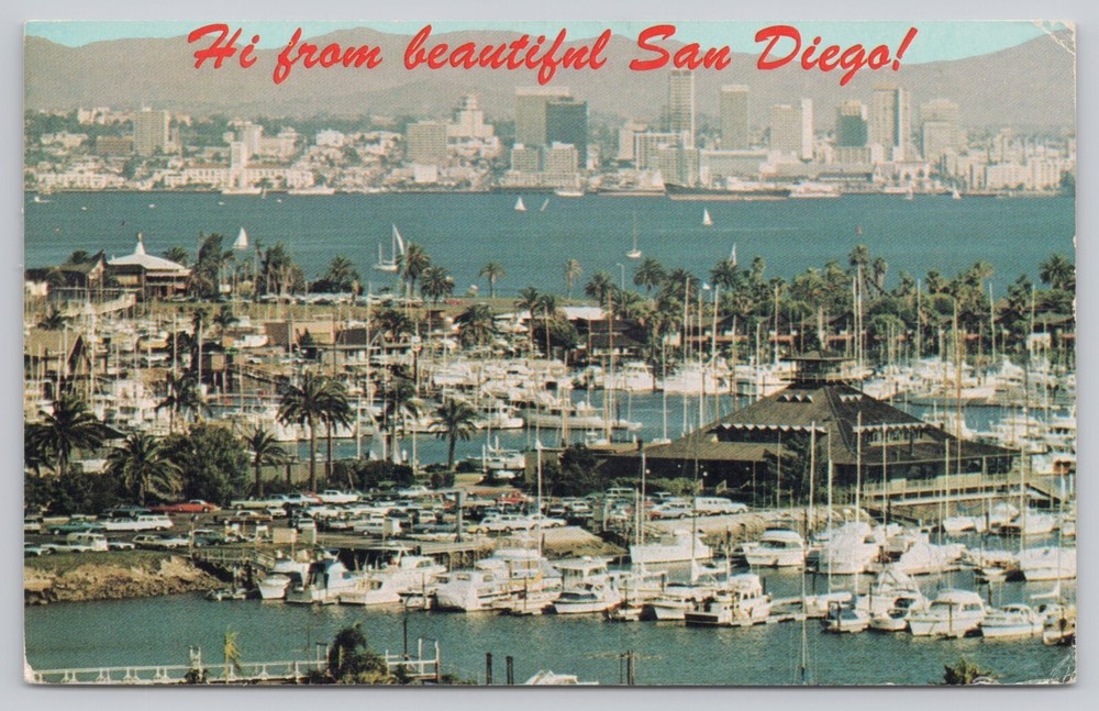 San Diego California, Marina Boats, Bay City Skyline, Vintage Postcard