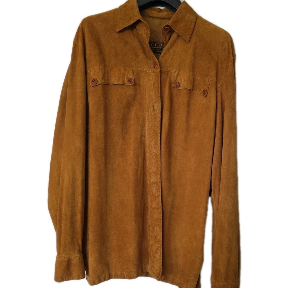 Vintage Sciorilli Roma Suede Leather Mens Buttondown Shirt Orange/Brown