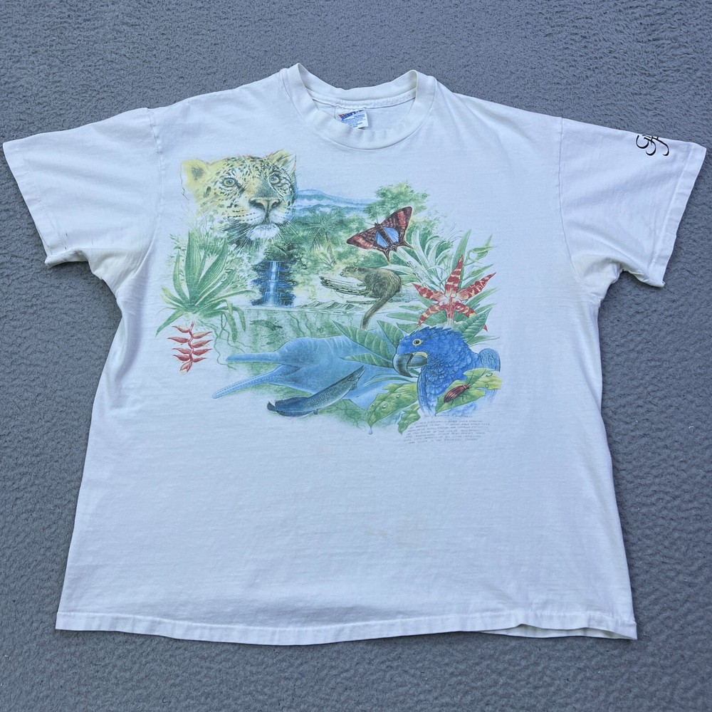 VTG Amazon Rainforest Shirt XXL White Tropical AOP Parrot Jaguar USA Made Tee**