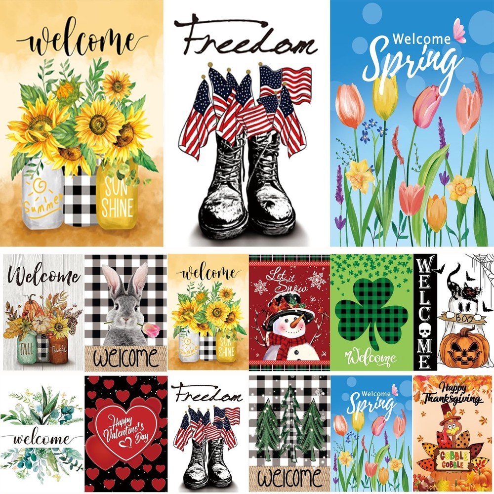 Seasonal Garden Flags Set of 12 Double Sided 12 x 18 Inch Yard Flags, Small G...