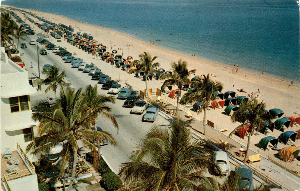Ft. Lauderdale, Florida, palm-shaded beach, colorful cabanas, H. W. Postcard
