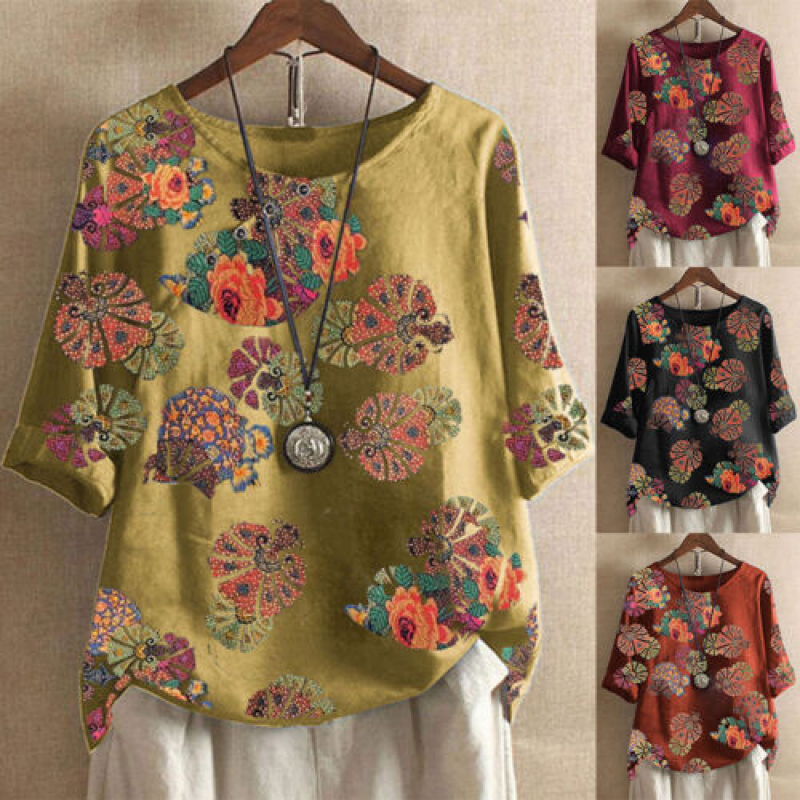 Women Short Sleeve Boho Floral Tops Ladies Casual Loose Crew Neck T Shirt Blouse