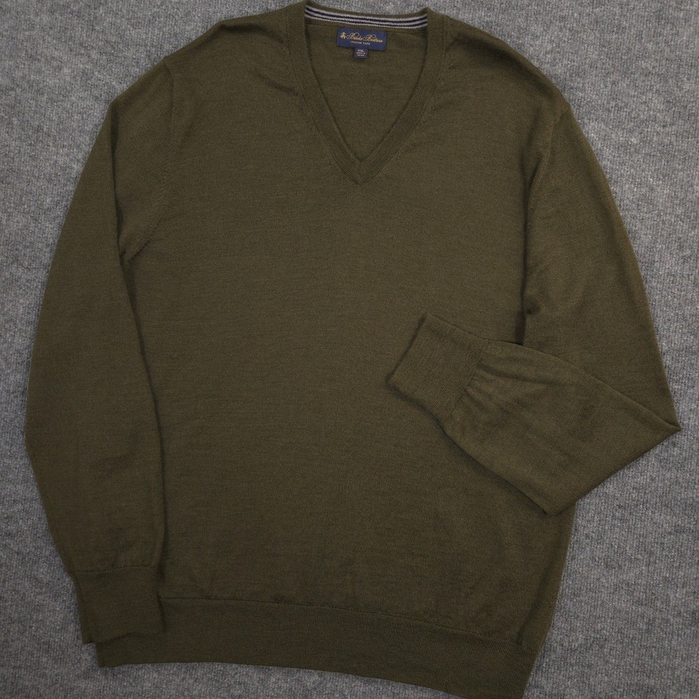Brooks Brothers Sweater Mens XXL Green Merino Wool V Neck Pullover Preppy Casual
