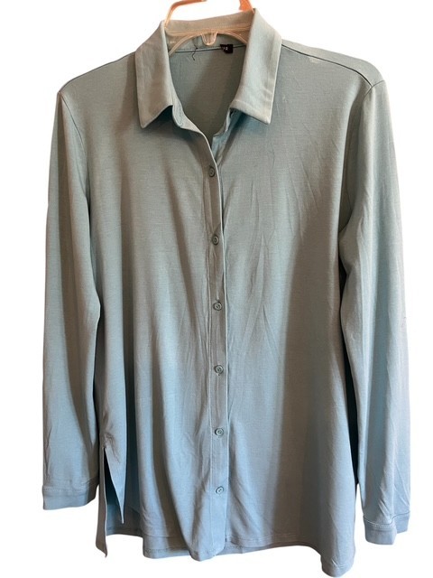 Eileen Fisher Tunic Top Medium Blue Green Teal Jersey Long Sleeve Vents on Sides
