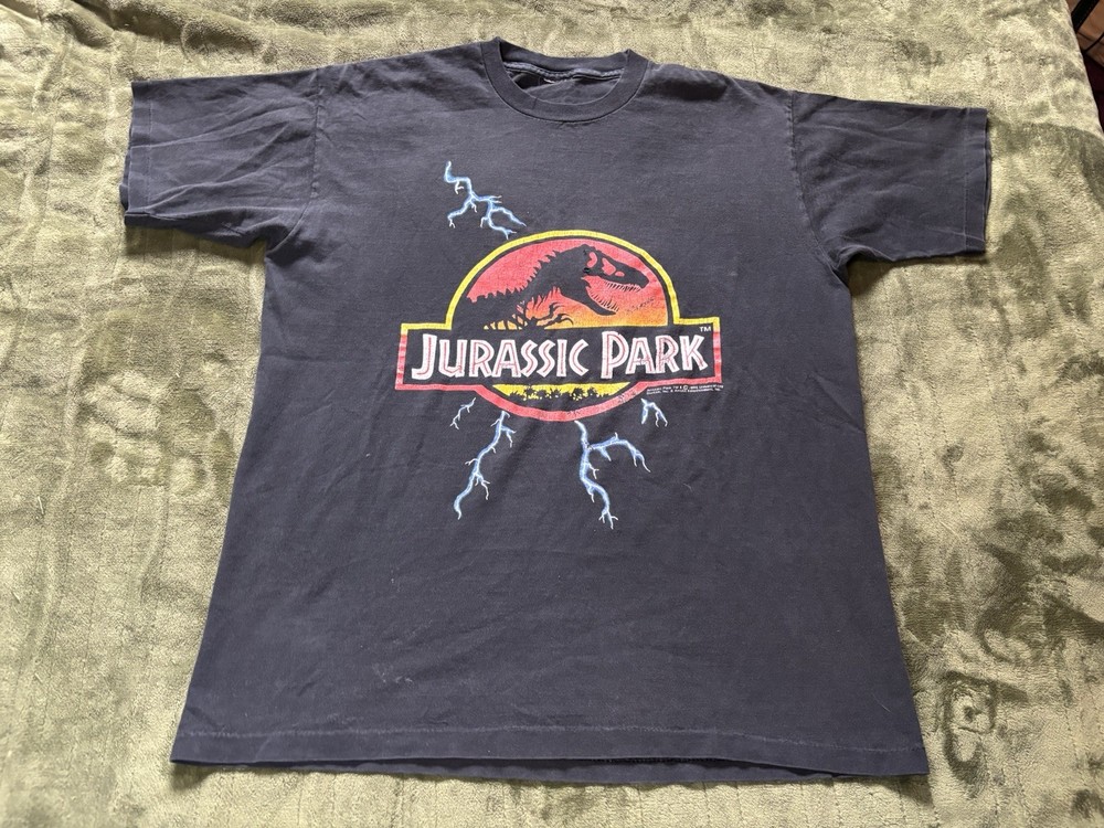 Vintage Jurassic Park Shirt Men Large Black 1992 Lightning Movie Promo Universal