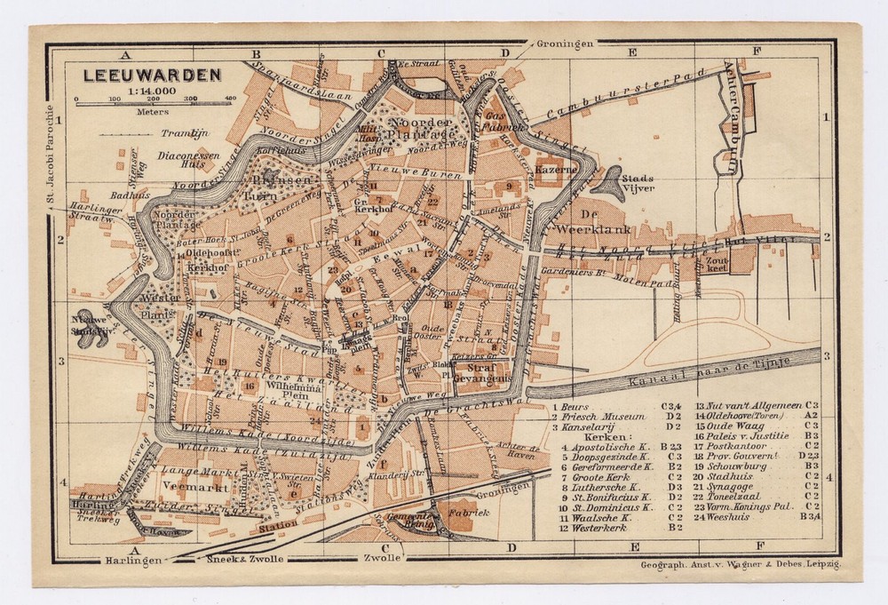 1910 Antique City Map Of Leeuwarden / Holland Netherlands