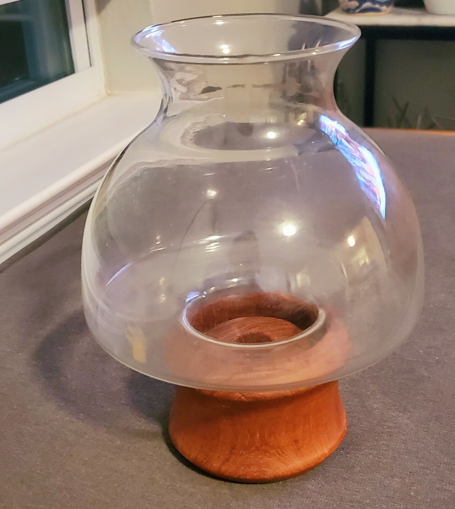 Goodwood Vintage MCM Solid Teak And Glass Hurricane Candle Taper Holder