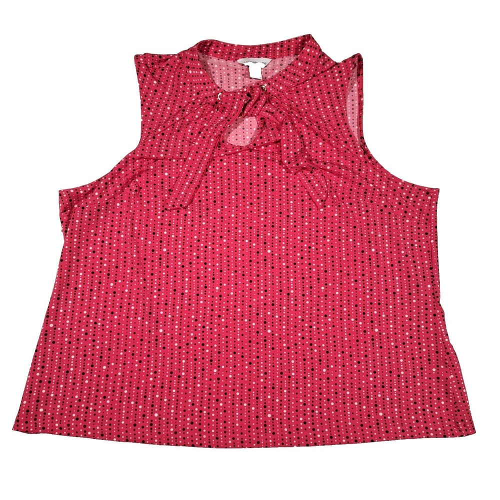Liz Claiborne Womens 1X Pink Polka Dot Tie Neck Sleeveless Blouse Top
