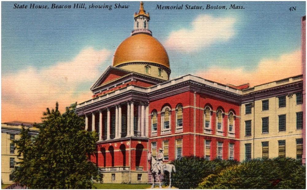 State House & Shaw Memorial Statue Beacon Hill Boston MA 1930s Linen Postcard