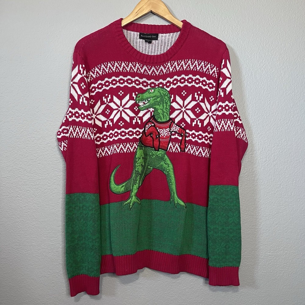 Blizzard Bay Ugly Christmas Sweater Green Dinosaur Red Long Sleeve Knit Size L