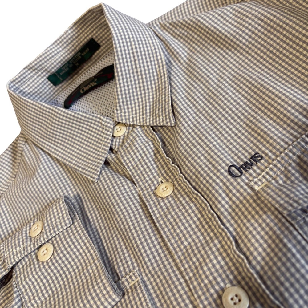 Vintage Orvis Fishing Shirt Mens M Tan Gingham Cotton Utility Made in Hong Kong