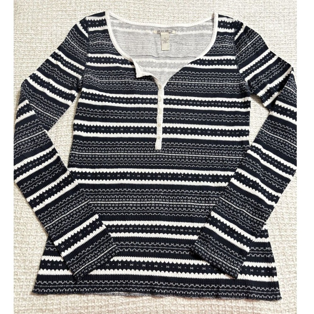 Lucky Brand Boho Stripe Waffle Knit Henley Top Navy Cream Long Sleeve Medium