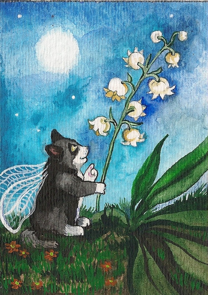 5x7 Folk Art Print - Ryta Tuxedo Cat Fairy with Lily of the Valley Spring Painting