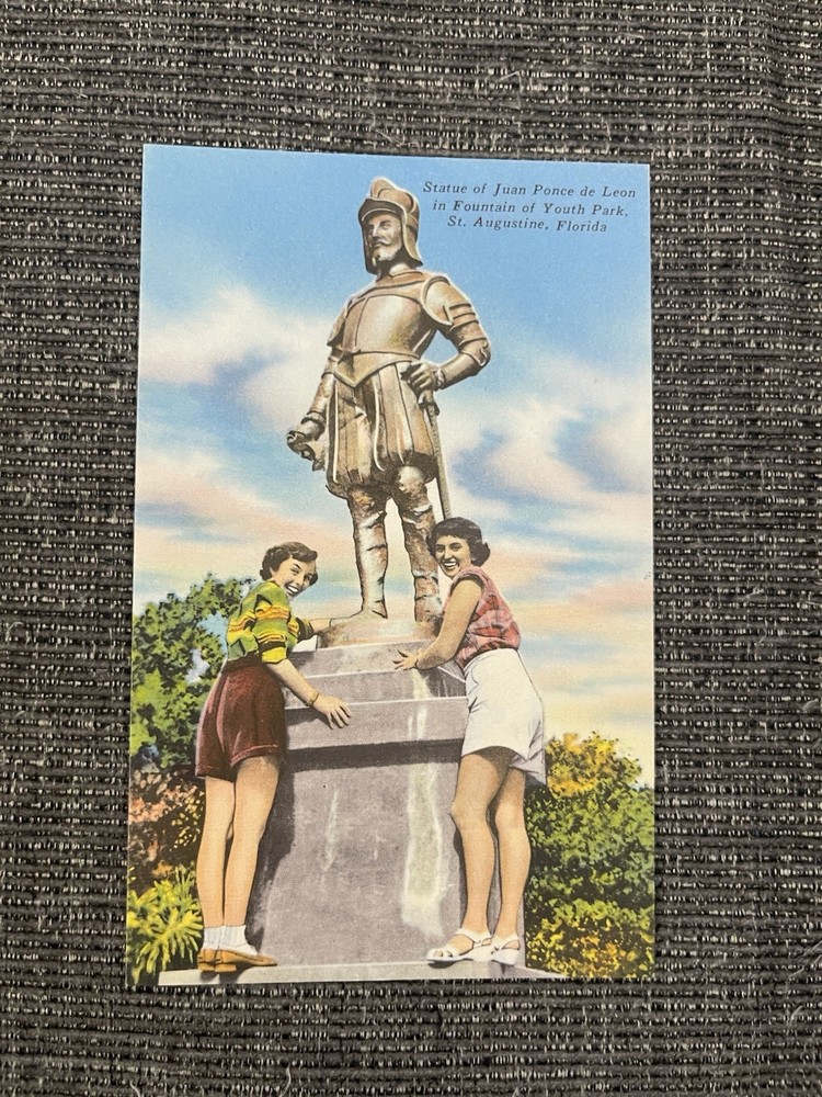 Vintage Linen Postcard St. Augustine, FL~ Juan Ponce de Leon Statue & 2 Beauties