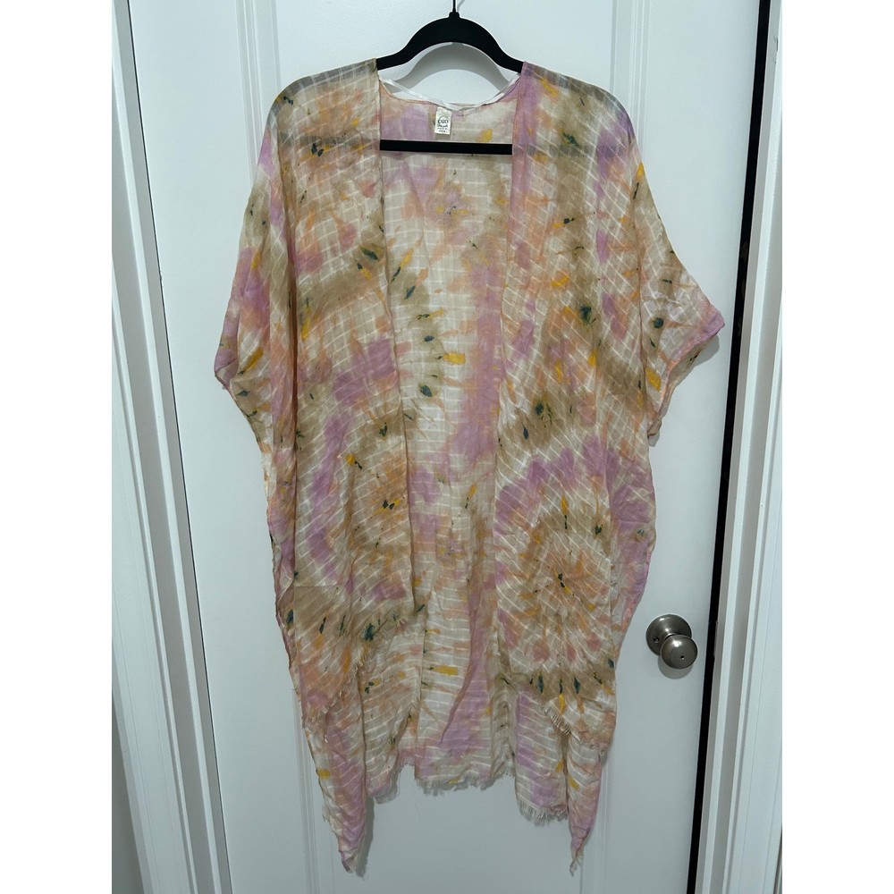 Cato One Size Kimono Cardigan Sheer Tie Dye Pink Beige Women's