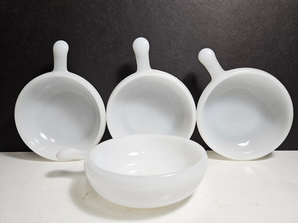 Vintage Glasbake White Milk Glass Soup Chili Cereal Bowls w/ Handle Set of 4