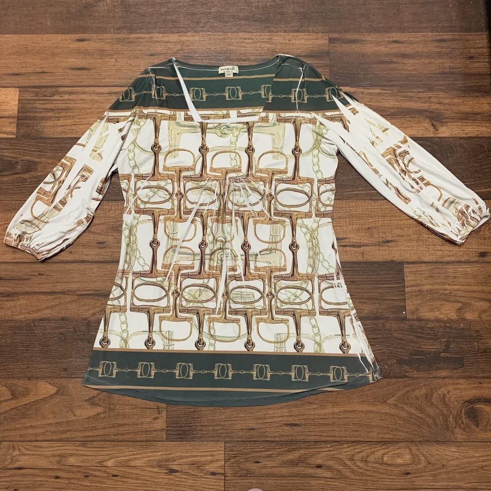 One World Green Blouse Top 3/4 Sleeve Women's Size L Horse Bit Print