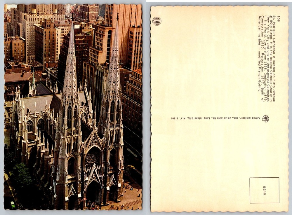 St. Patrick's Cathedral NYC Aerial View Vintage Postcard Alfred Mainzer