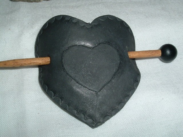 Hand Tooled Black Leather Heart Hair Clip Barrette And Wooden Stick