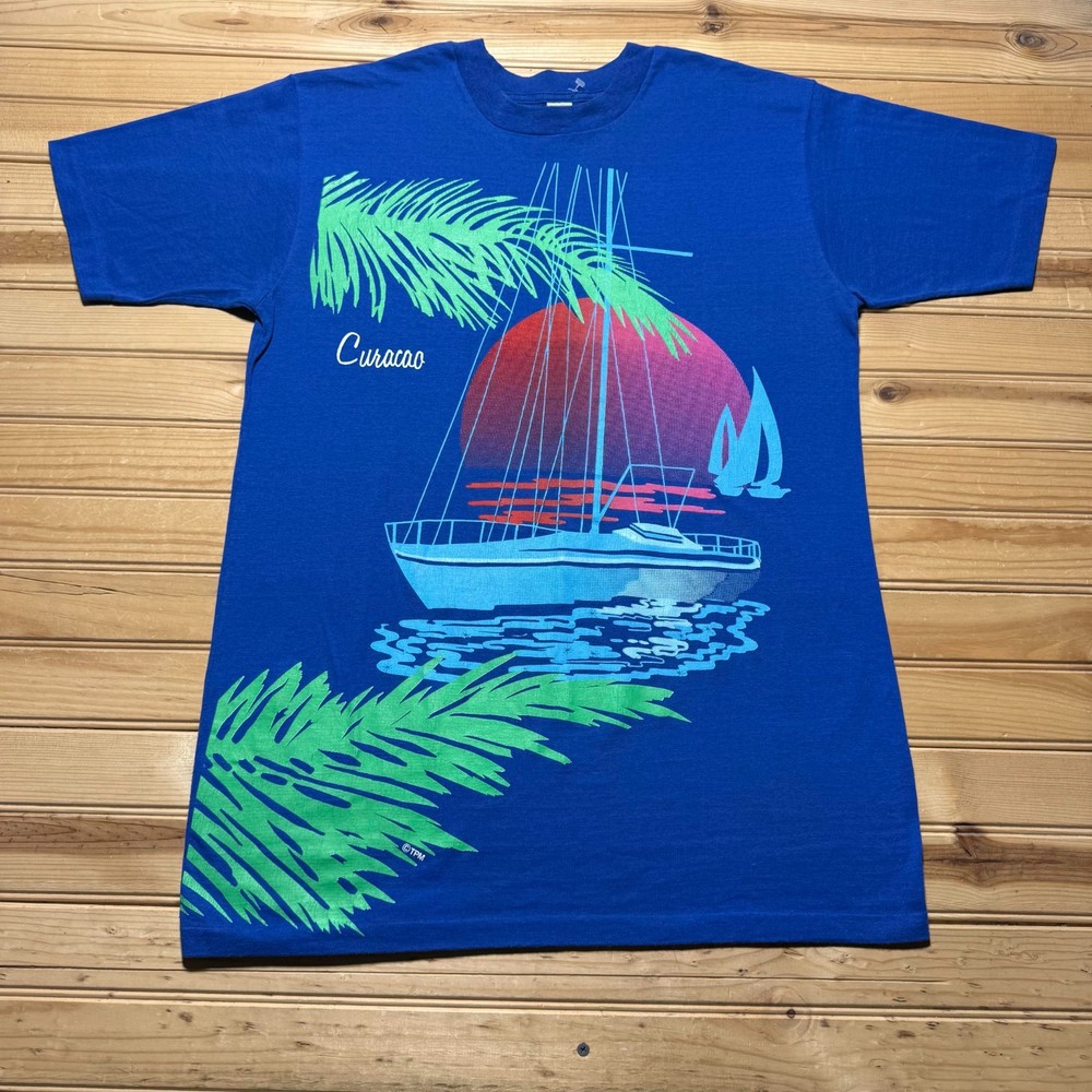 Vintage 80s Curacao Sailboat Palm Trees Sunset Beach Graphic T-Shirt USA - XL