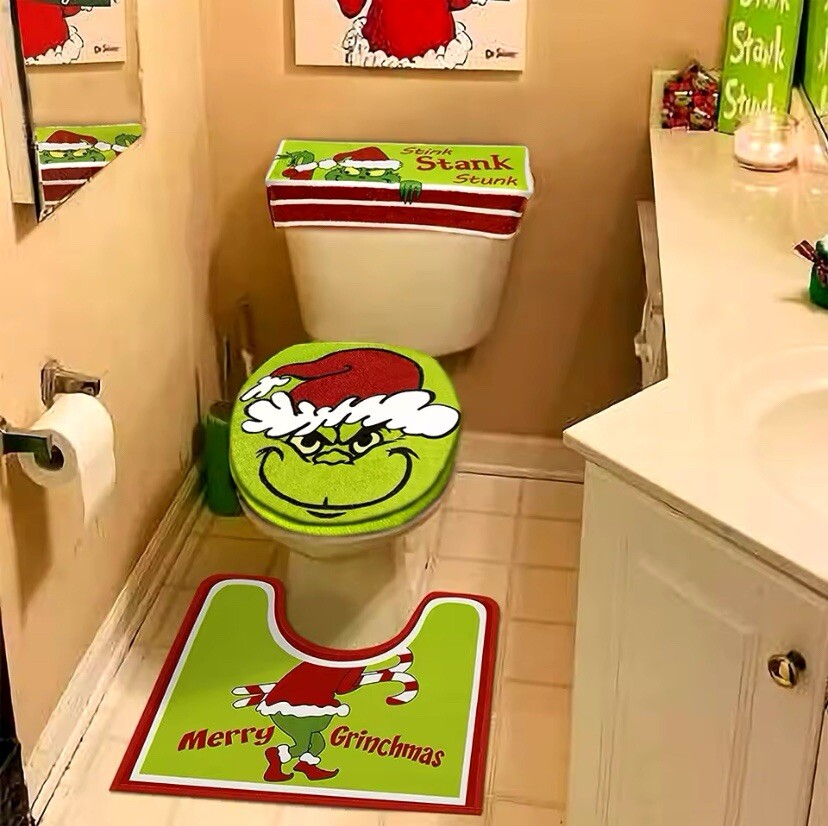 4Pcs Christmas Grinch Toilet Seat Cover Set with Tank Cover Xmas Bathroom Sets