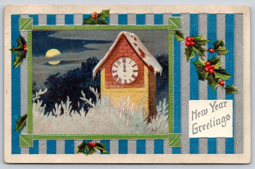 Holiday~New Year Greetings~Clock~Night Scene~Moon~Green Frame~c1910 Postcard