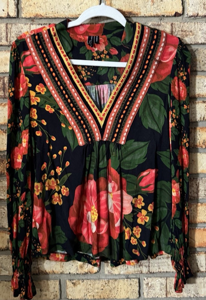 Blank London Floral Embroidered Tunic Blouse V-Neck Long Sleeve 100% Viscose XXS