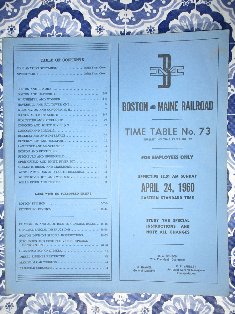 Boston and Maine Railroad Time Table No.73 For 04-24-1960