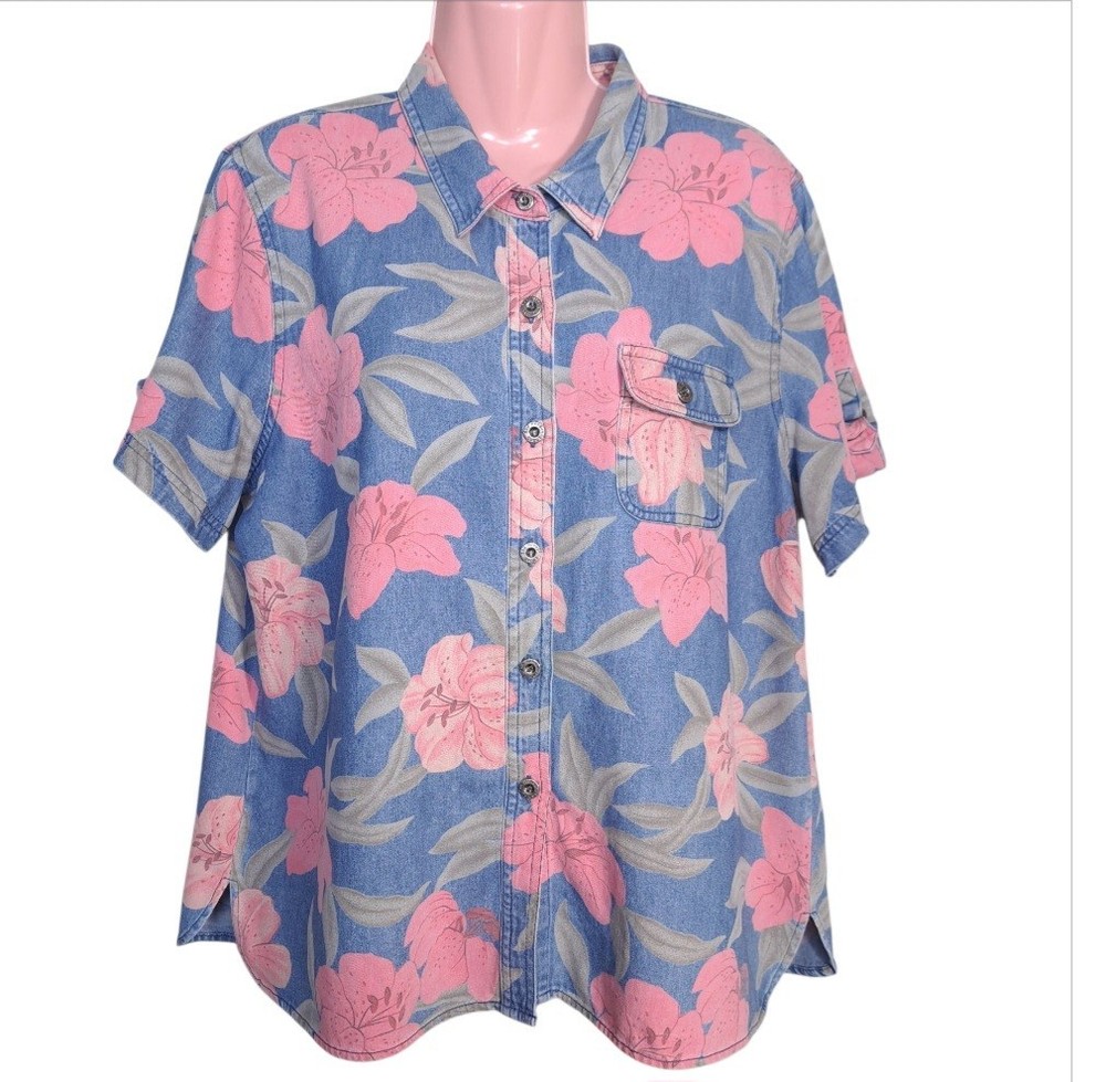 Sag Harbor Womens Denim Blue Floral Button Collared Blouse Size L