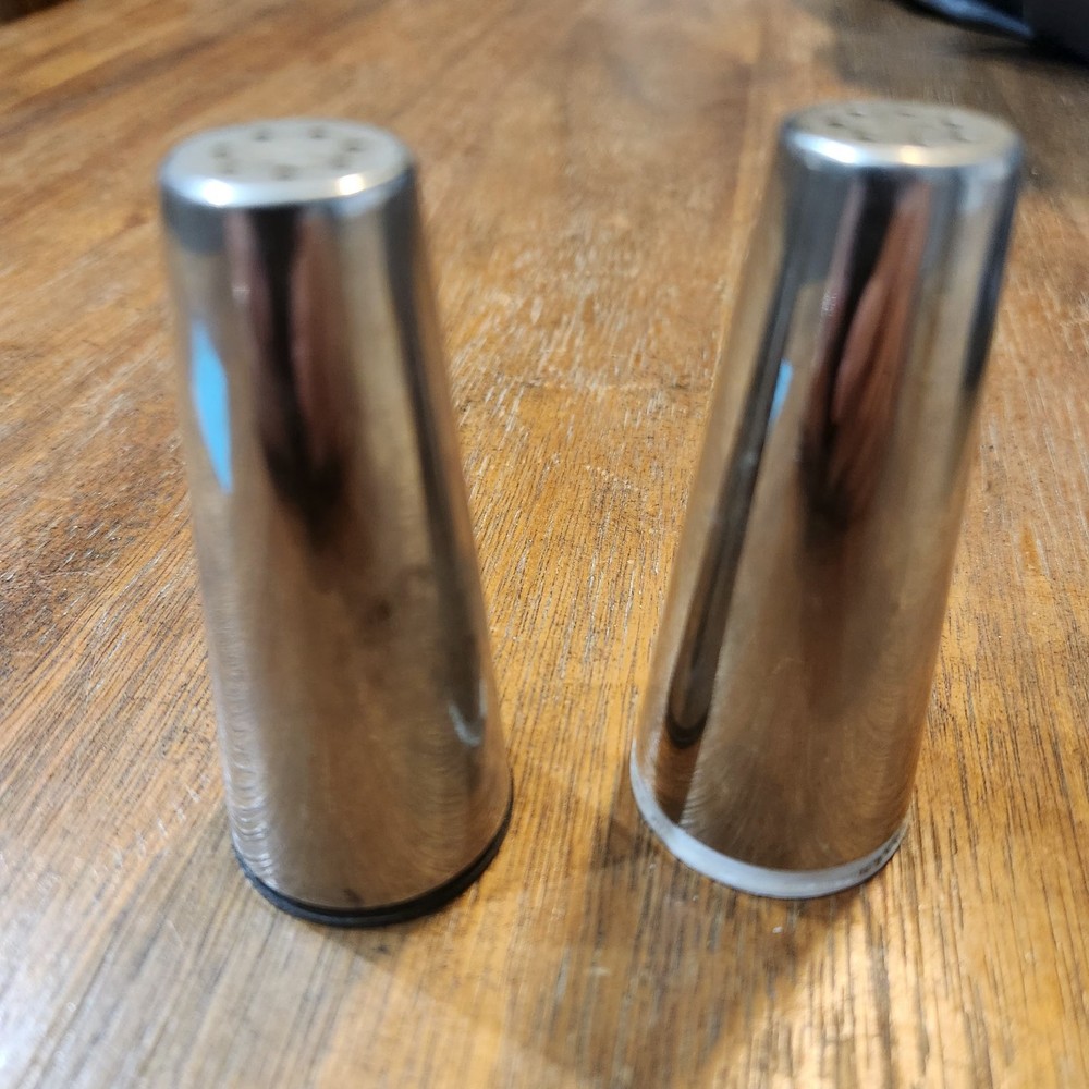 Vintage MCM Stainless 2 7/8” Steel Salt and Pepper Shakers Set Cone Shaped USA