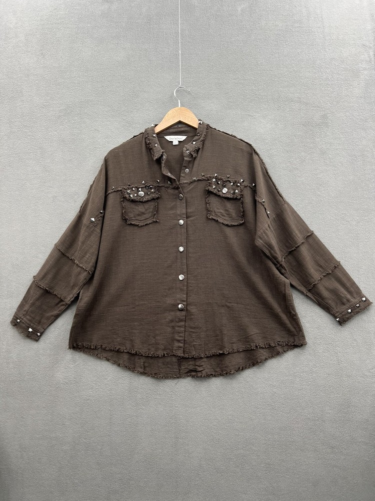 Davi & Dani Womens Brown Studded Long Sleeve Oversized Snap Closure Jacket Medium