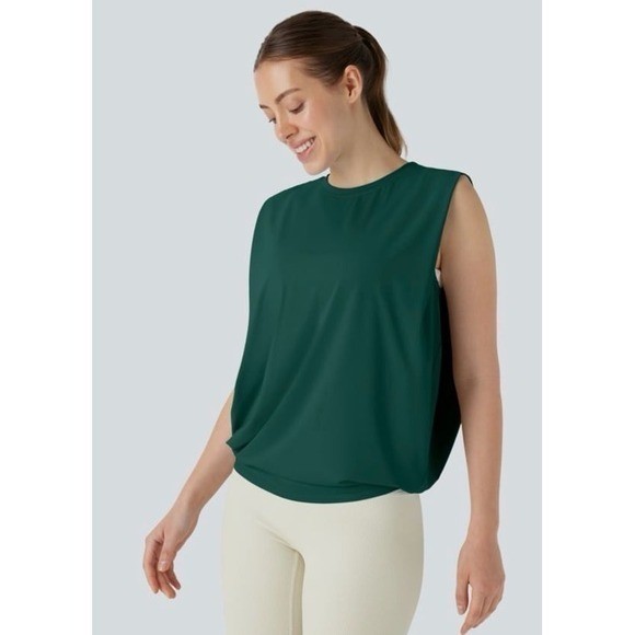 Halara Women's Round Neck Ruched Cool Touch Yoga Tank Top-UPF50+ Sz M NWT