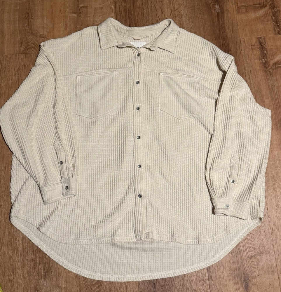 Aerie Waffle Knit Shirt Womens XXL Beige Button Up Casual Soft Oversized