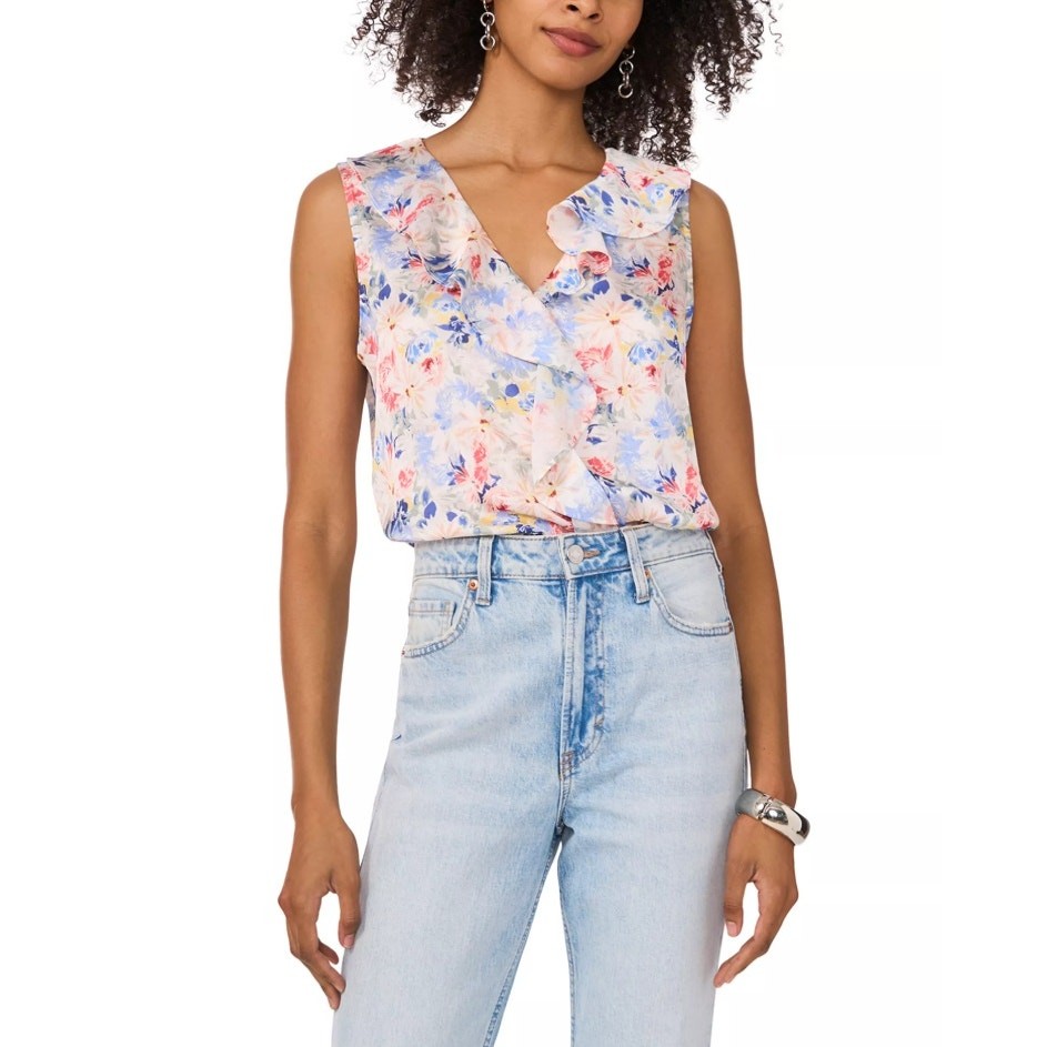 Vince Camuto Women Pastel Floral Satin Sleeveless Ruffled Blouse Top Size XL