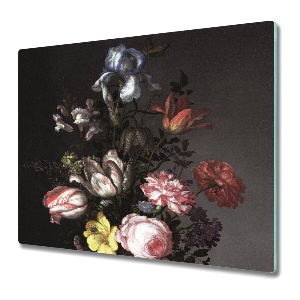 Tempered Glass Induction Ceramic Hob Cover Dark Vintage Floral Rose 60x52