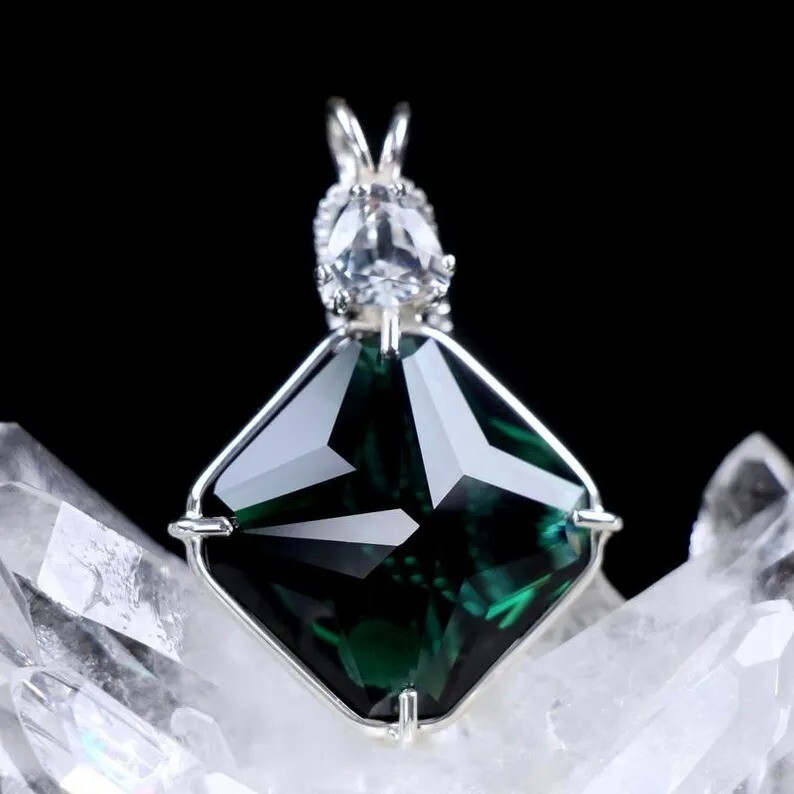 Sterling Silver Green Quartz & White Zircon Pendant | Healing Crystal Jewelry
