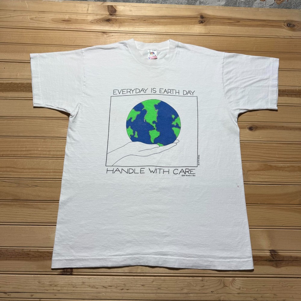 Vintage 1990 Everyday Is Earth Day Handle With Care Nature Shirt USA Size Large