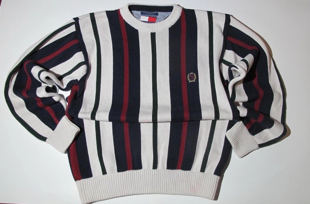 Tommy Hilfiger Men's Sweater Crest M VTG Blue & Red Stripe On Cream 90s