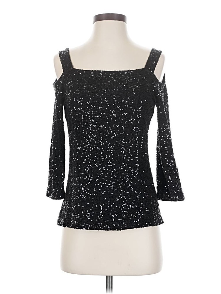 INC International Concepts Womens L Black Sequin Cold Shoulder Top 3/4 Sleeve