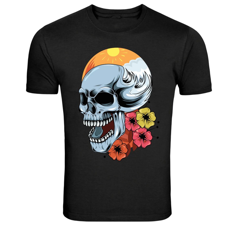 Surf Skull Wave Graphic T-Shirt Beach Summer Skull Flowers Art Tee