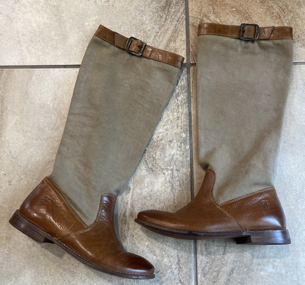 Frye Women 7.5 Paige Tall Canvas Burlap Buckle Leather Brown Riding Boots